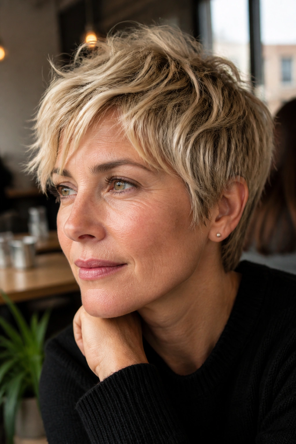 Close-up of a real woman with choppy textured blonde pixie, irregular ends.