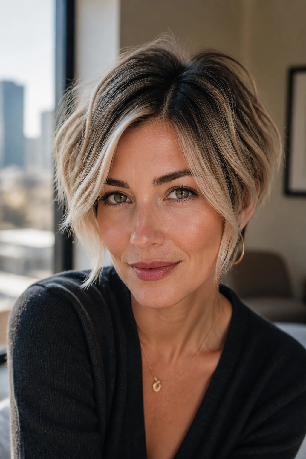 Close-up of a real woman with a choppy pixie bob and bright face-framing pieces