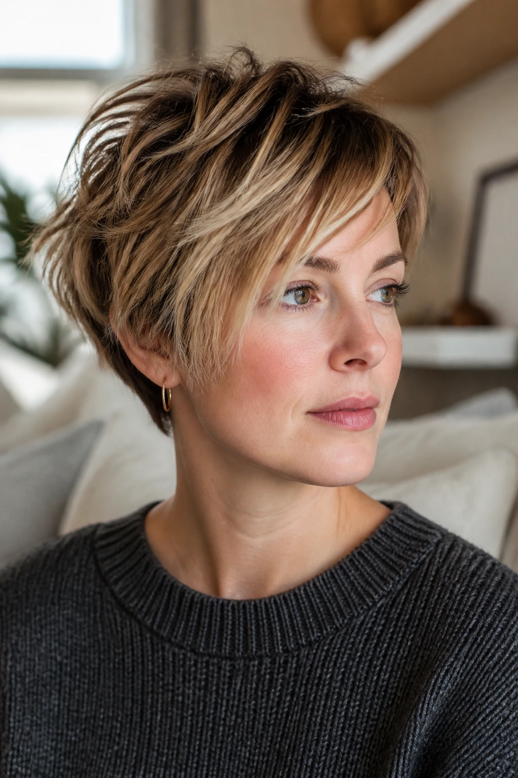 Real woman with choppy pixie bob and piecey layers in a close-up.