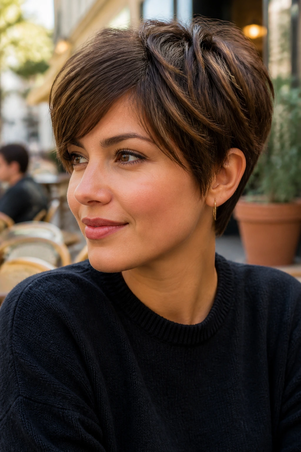 Portrait of a woman with a choppy pixie bob in an urban cafe setting