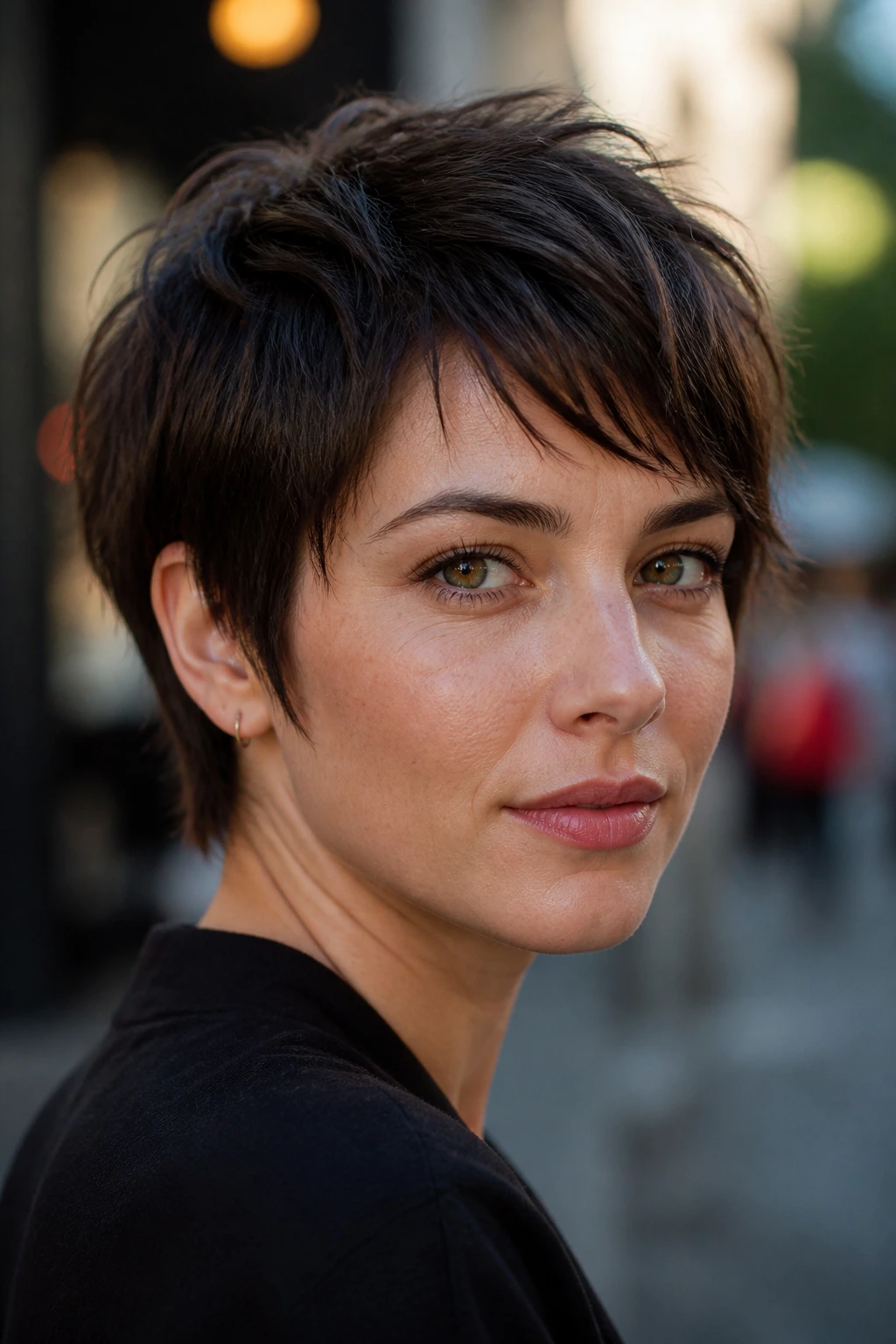 Close-up portrait of a woman with a Choppy Pixie-Bob hairstyle featuring broken textured ends.