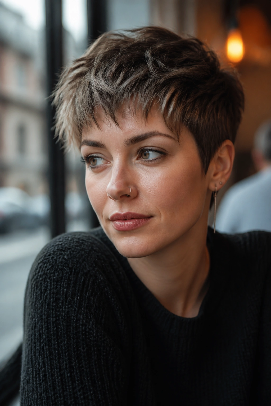 Close-up of a real person with a choppy pixie and broken fringe