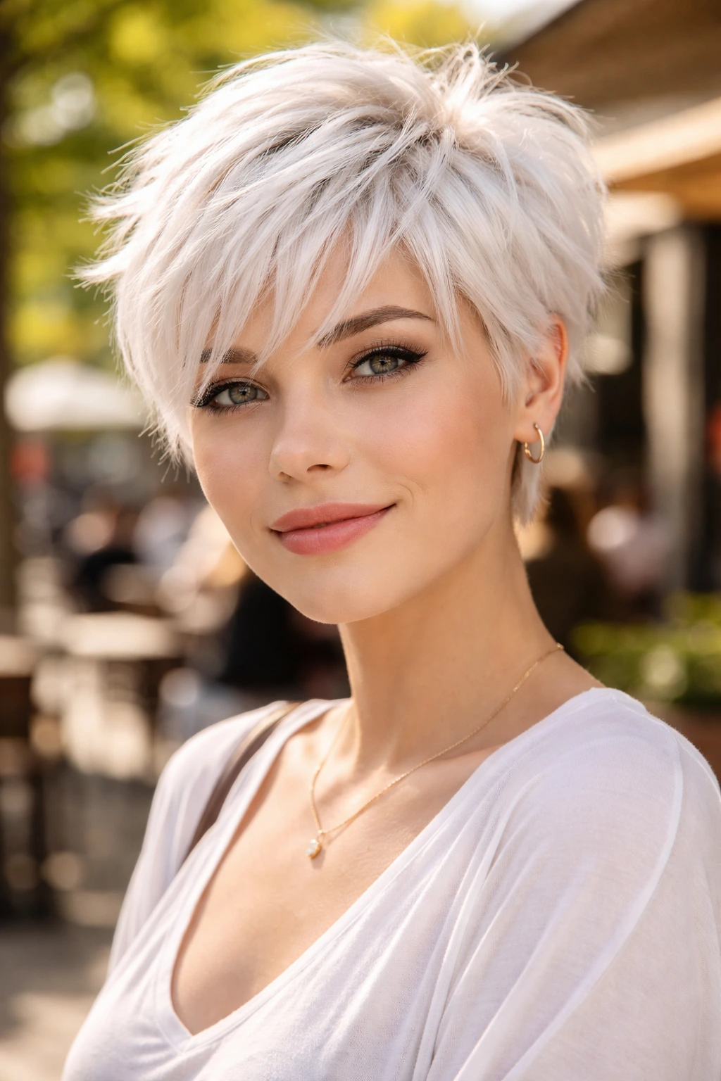 Real person with a choppy pixie and feathered layers on white hair at an outdoor cafe
