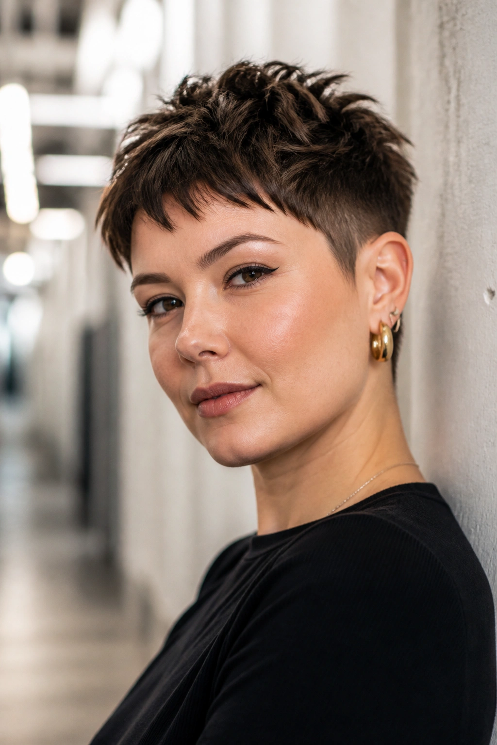 Close-up portrait of a person with choppy pixie fringe and tapered sides