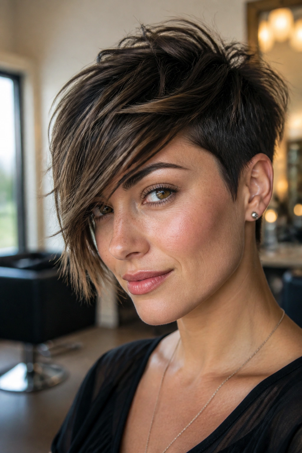 Close-up portrait of a woman with a choppy pixie and long side-swept fringe