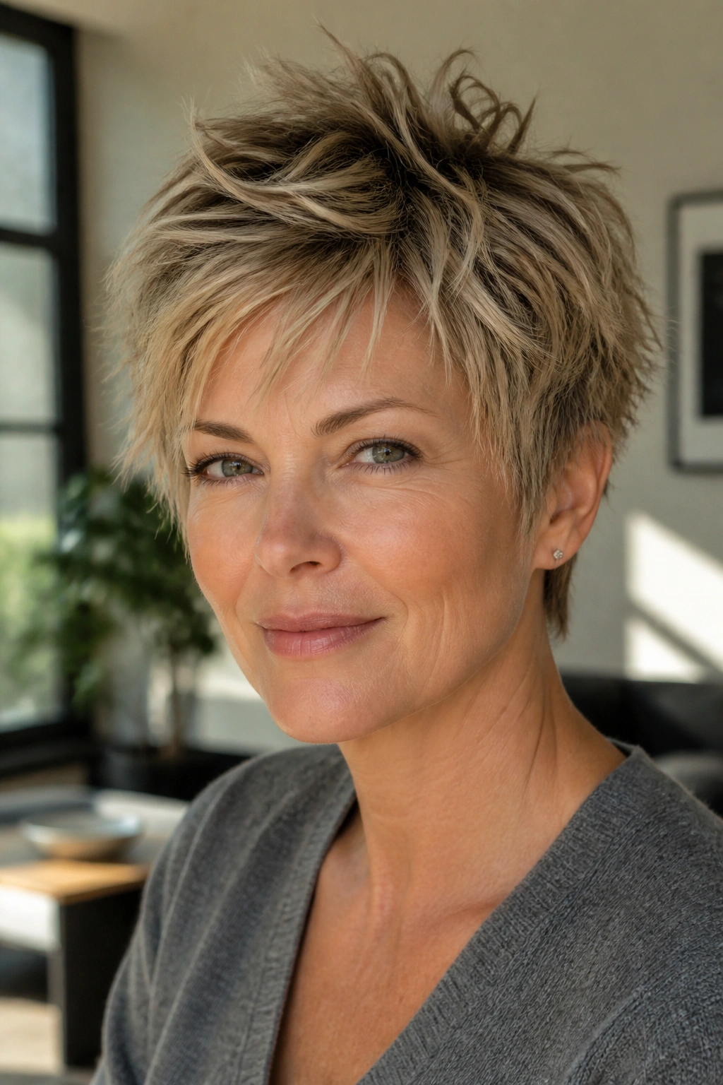 Close-up portrait of a real woman with a choppy feathered pixie and piecey layers.