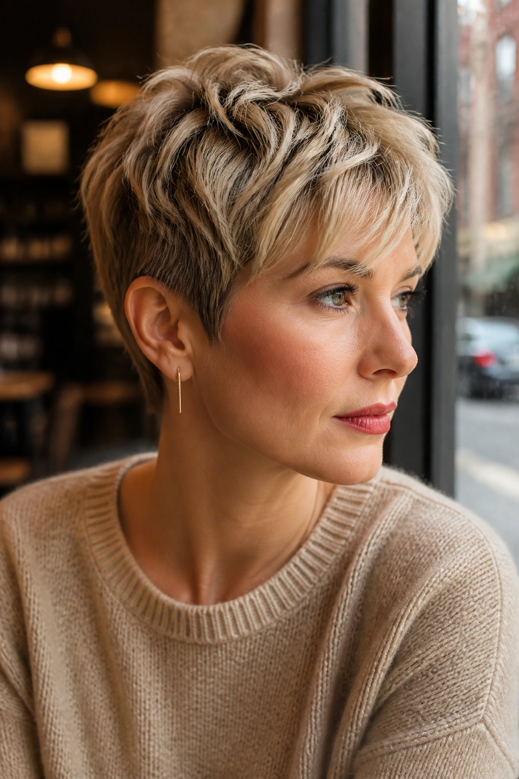 Real woman with choppy pixie and piecey top layers photographed in a cafe