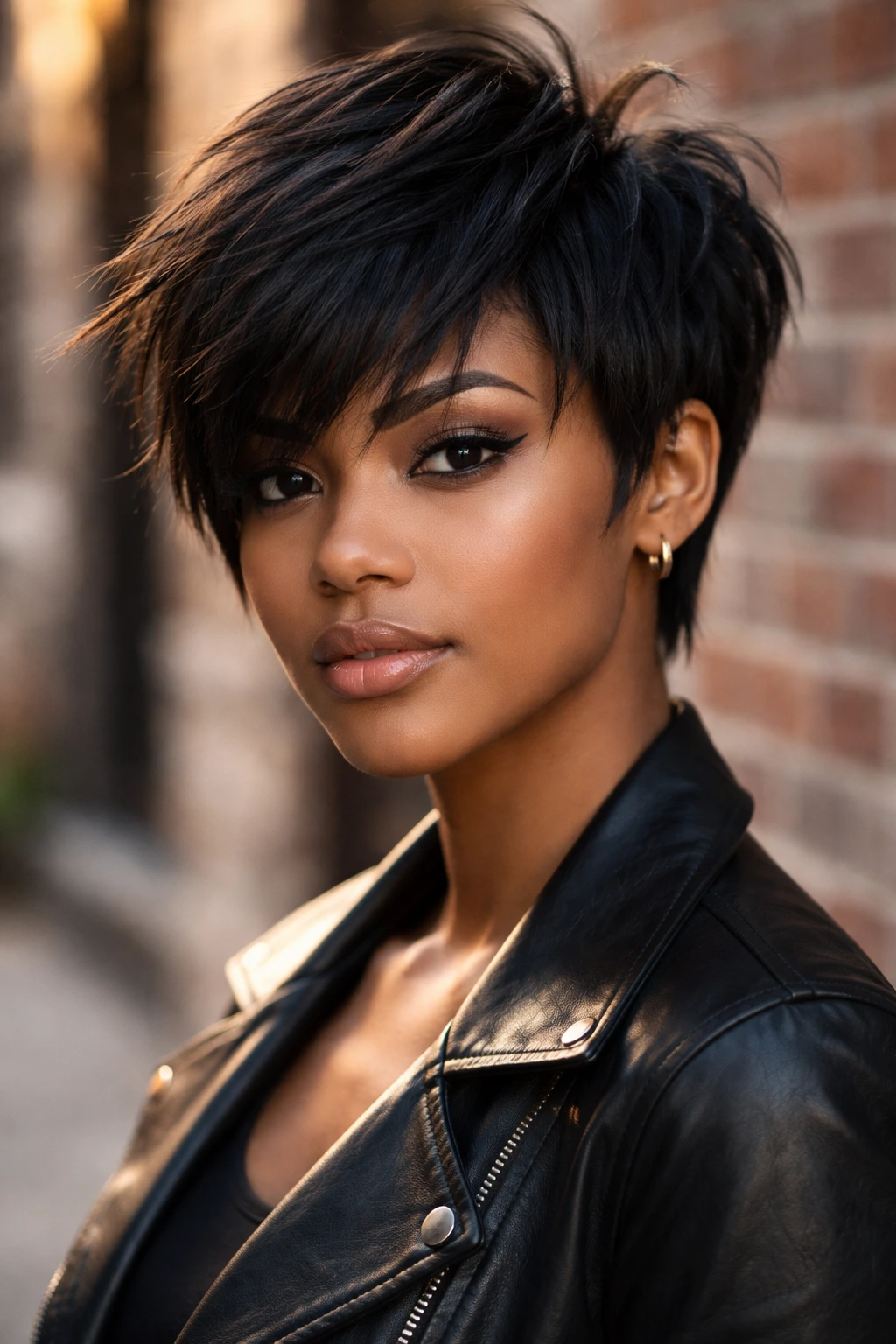 Close-up of choppy layered pixie on a real person.