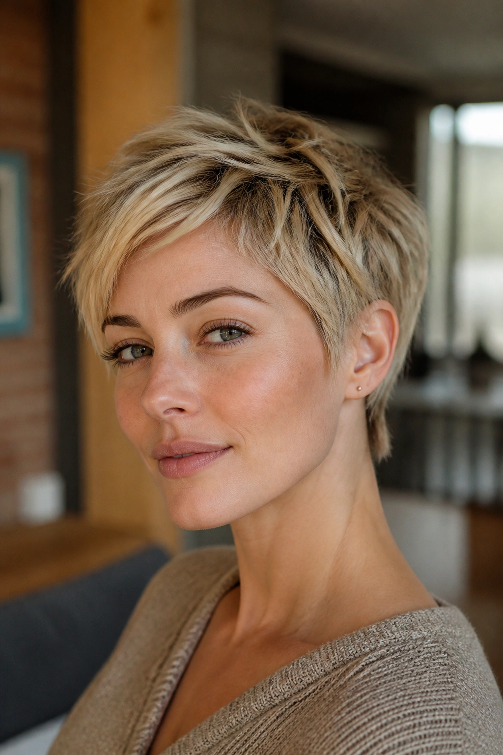 Close-up of real woman with choppy pixie texture, oval face, warm contemporary setting.
