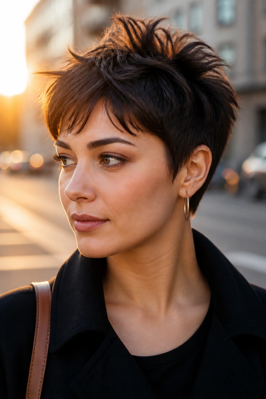 Close-up of a real person with a choppy textured pixie.