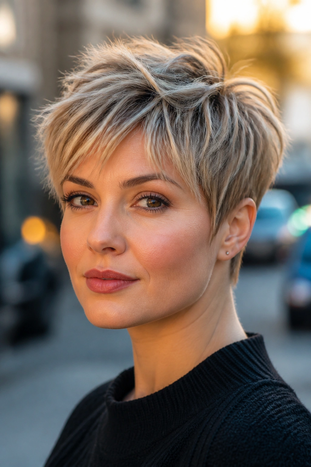 Close-up portrait of a real woman with a choppy textured pixie and piecey ends.