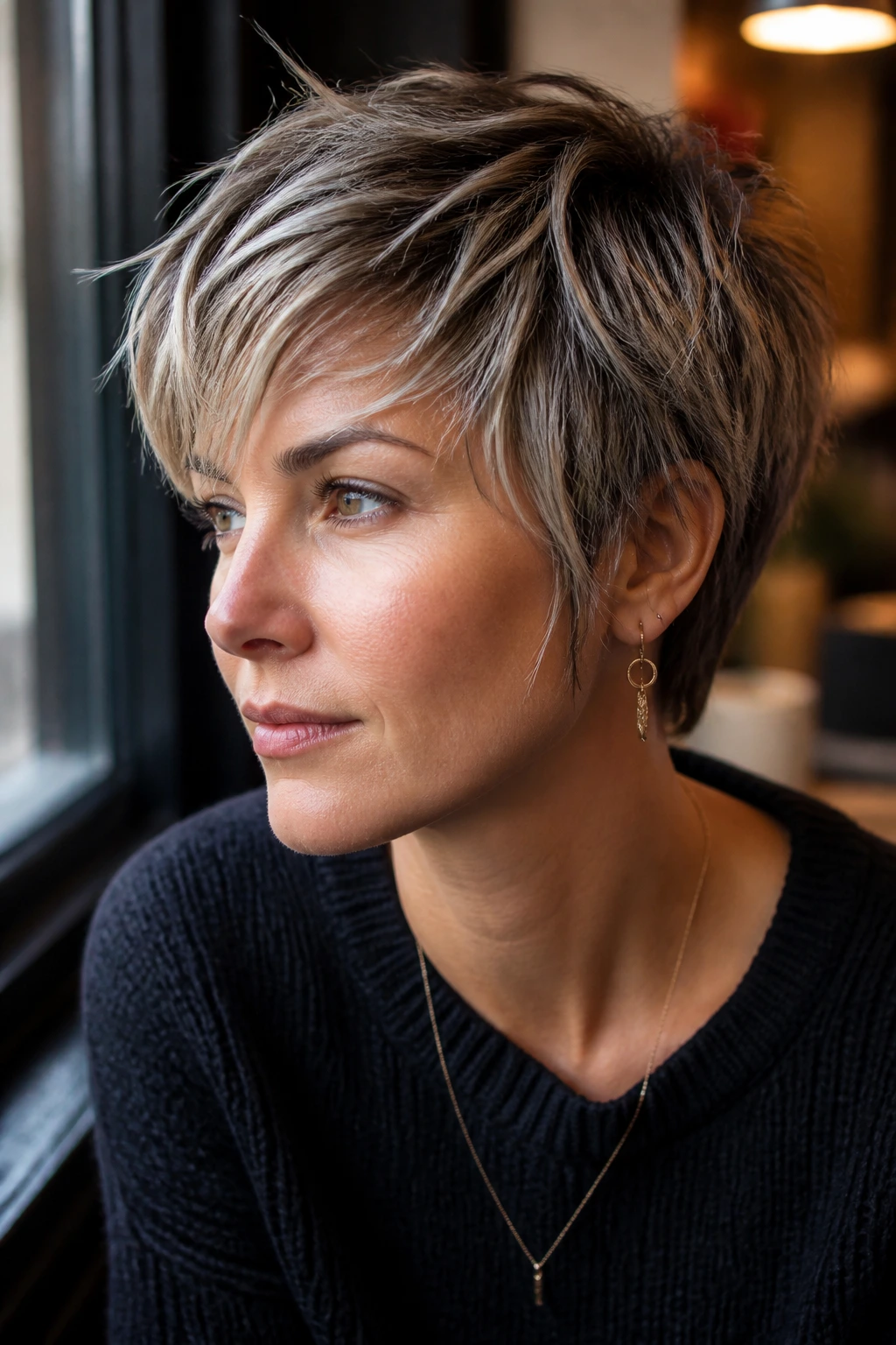 Close-up portrait of a woman with a choppy long pixie and piece-y texture for a contemporary look.