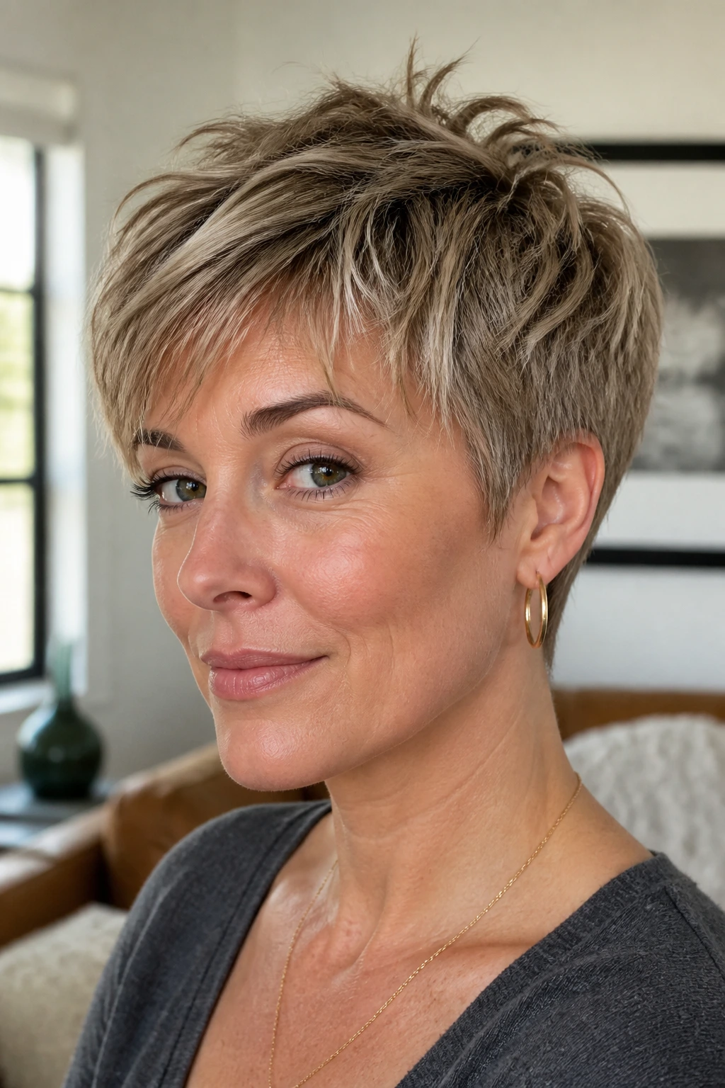 Real woman with choppy textured pixie crop showing uneven ends for fullness