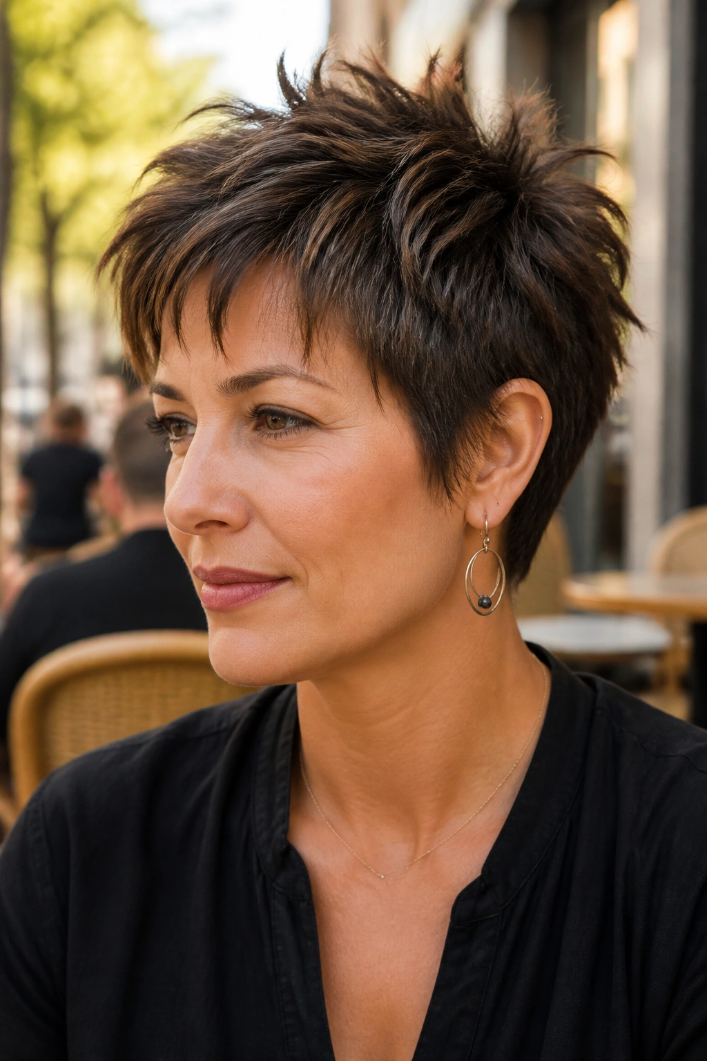 Portrait of a woman with a choppy textured pixie cut in an outdoor cafe setting