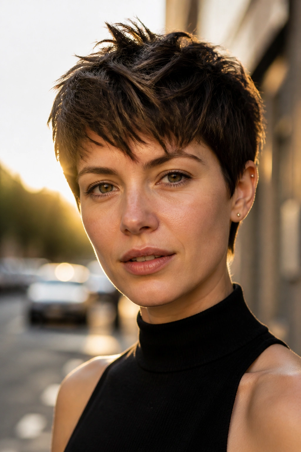 Close-up portrait of a real person with a choppy pixie top in golden hour street light