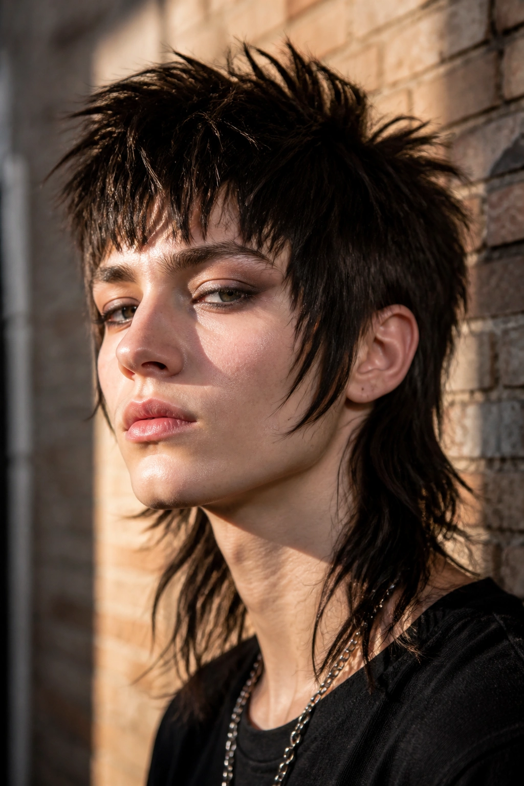 Close-up portrait of a real person with Choppy Punk Mullet hairstyle and jagged ends.