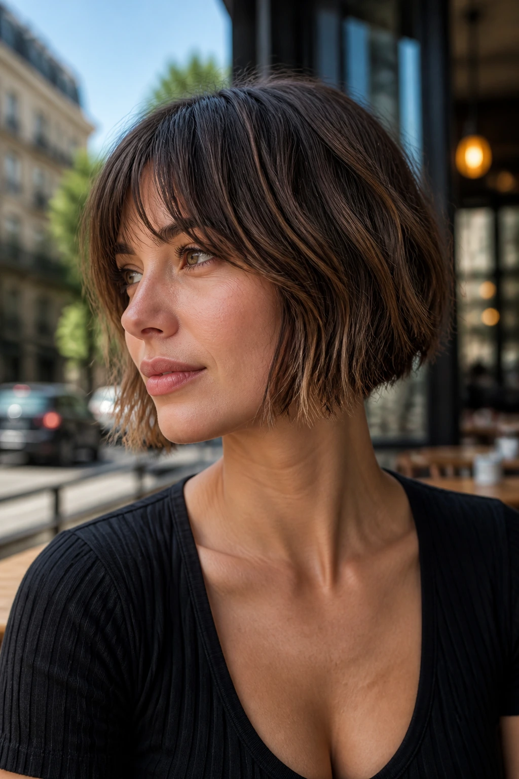 Close-up of a real woman with a textured choppy razored bob.