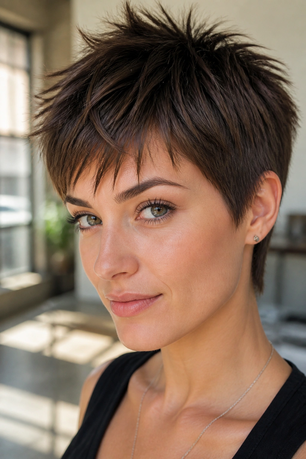 Close-up portrait of a real woman with a choppy razor pixie