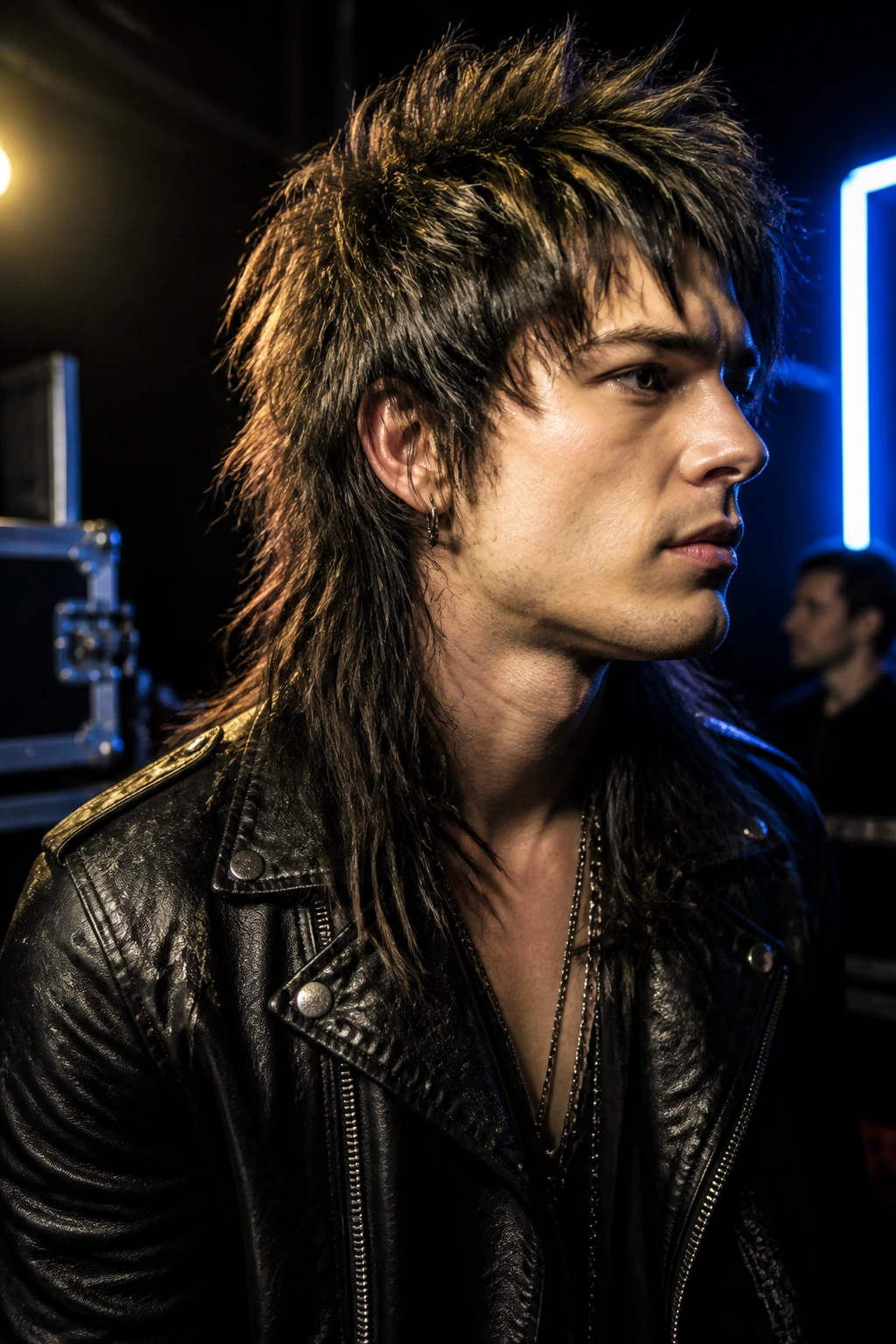 Close-up portrait of a real person with choppy rockstar mullet in backstage lighting