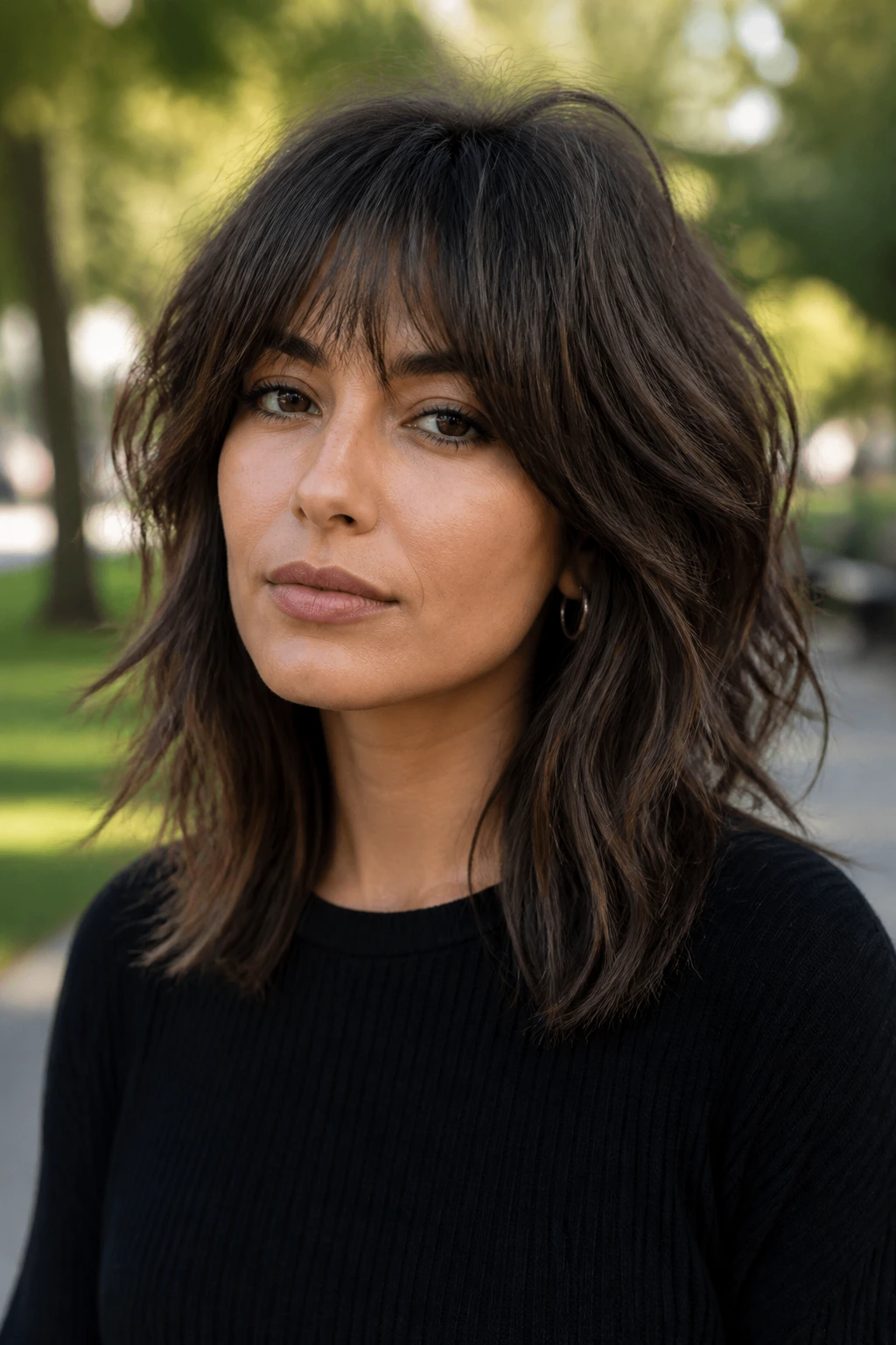 Close-up portrait of choppy shag bangs with airy texture on a real person outdoors