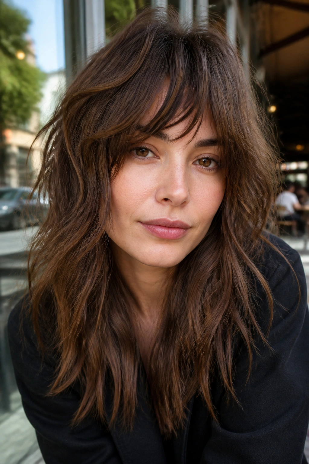 Real woman with choppy shag bangs showing texture and movement