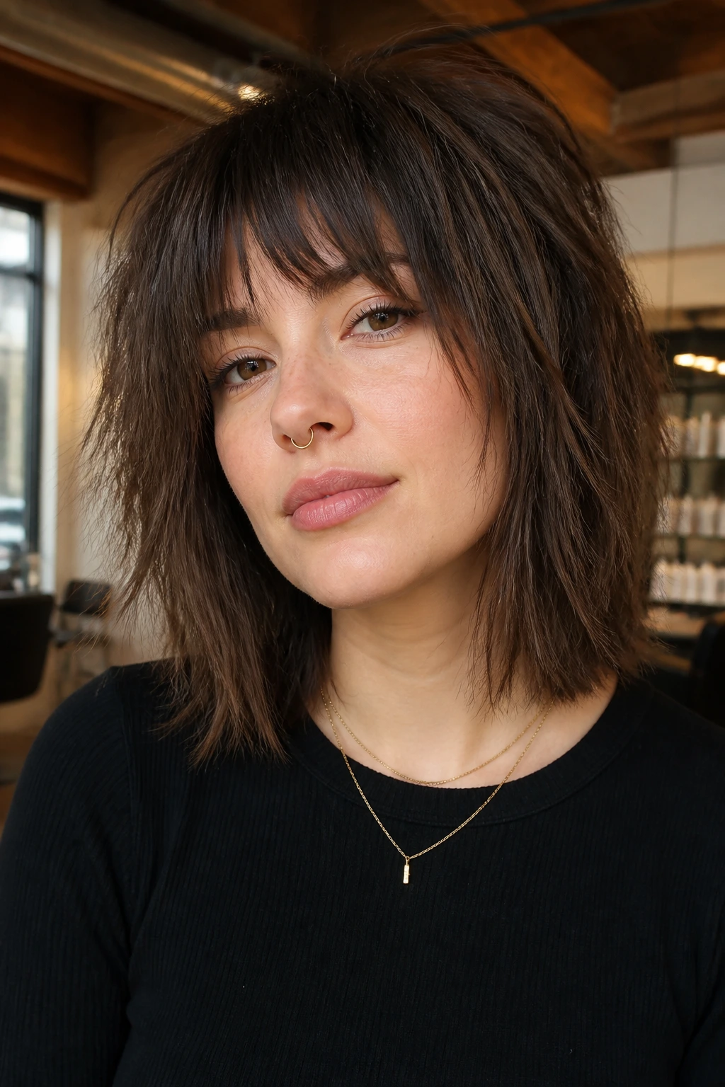 Close-up portrait of a real woman wearing a choppy shag with blunt perimeter, round-face flattering.