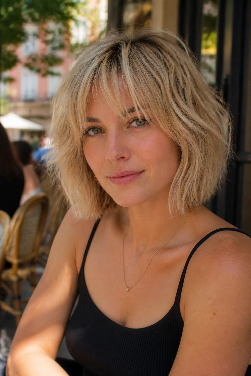 Close-up of a real woman with a choppy shag bob and piecey ends.