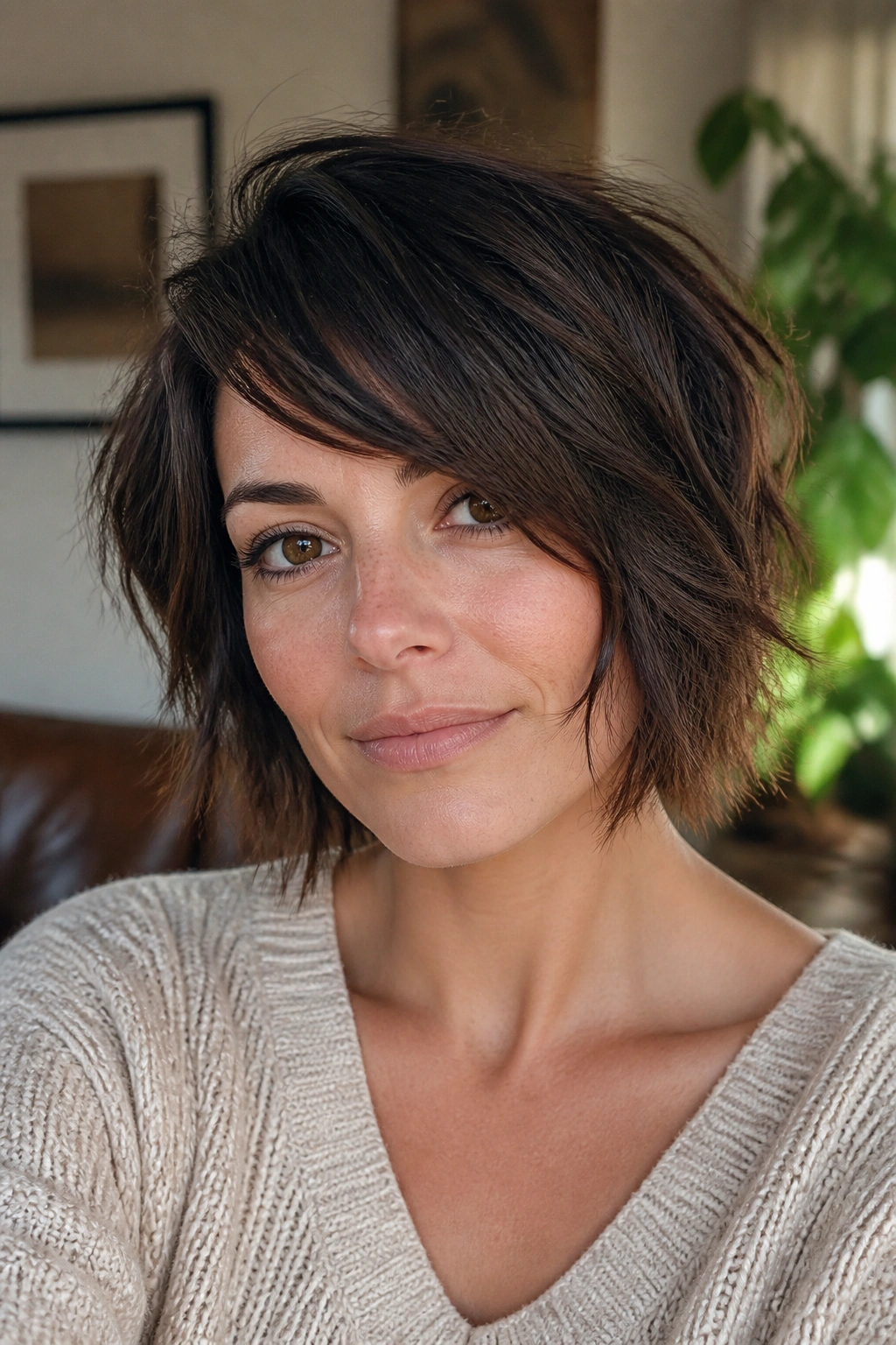Real person with choppy shag bob and side bangs in natural light