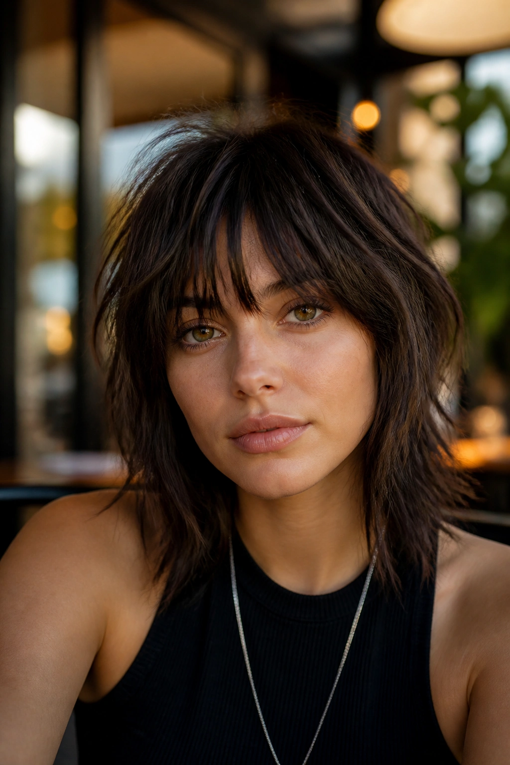 Real woman with a choppy shag and broken fringe in an urban setting.
