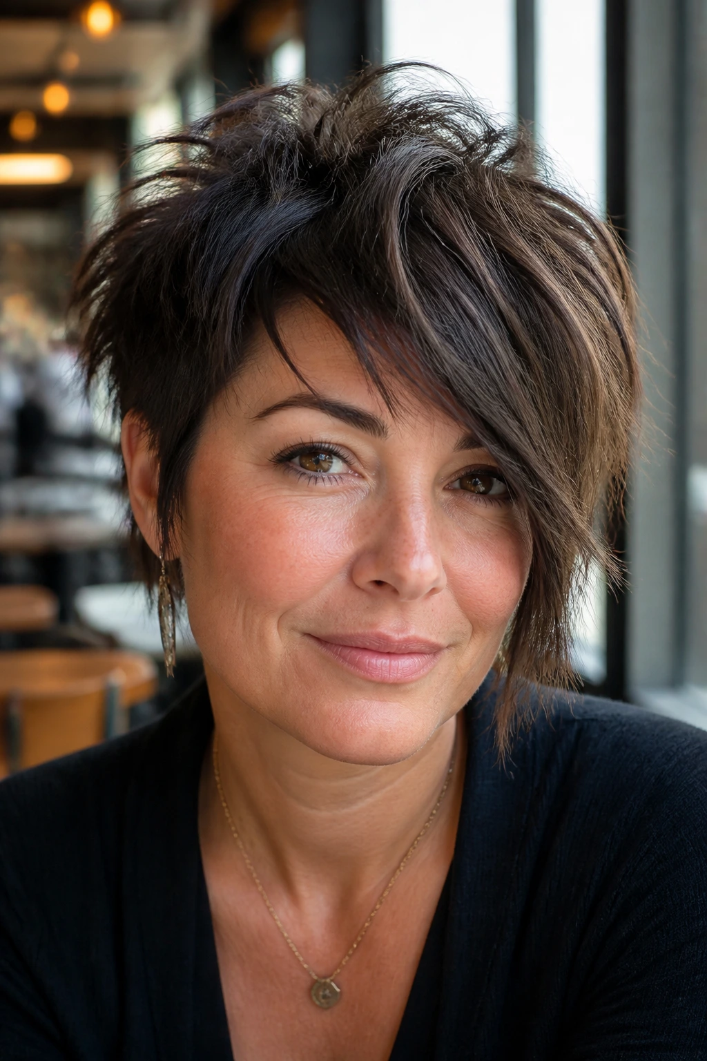 Close-up of a real person with a choppy asymmetrical shag crop in cafe light.
