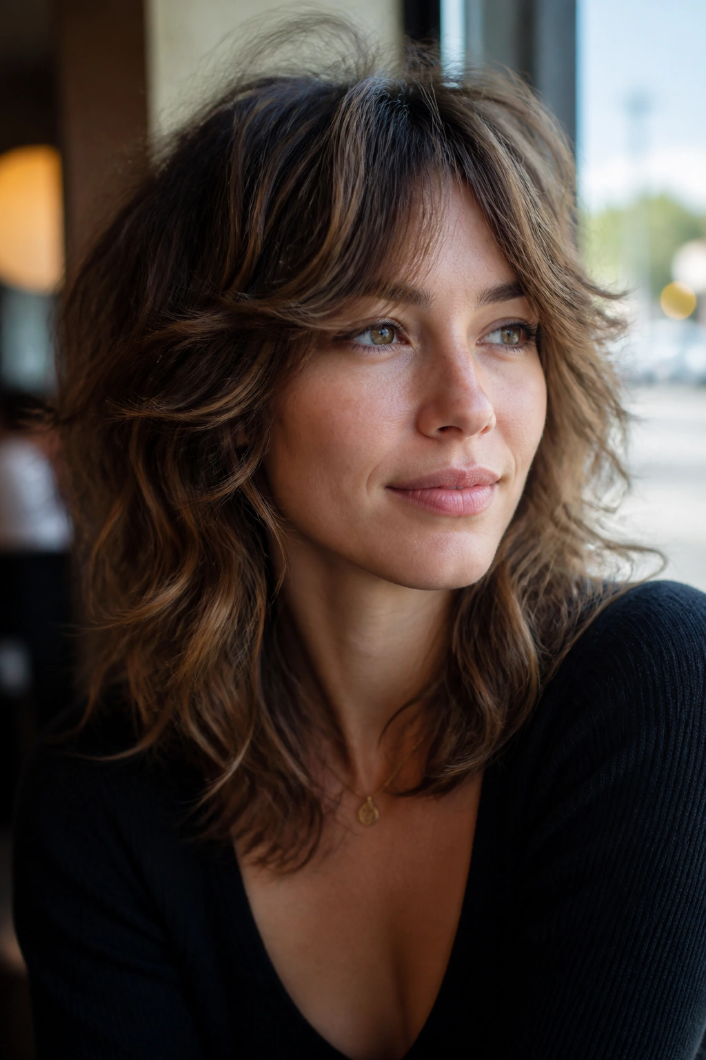Close-up of a real woman with a choppy shag and feathered ends, soft movement in waves