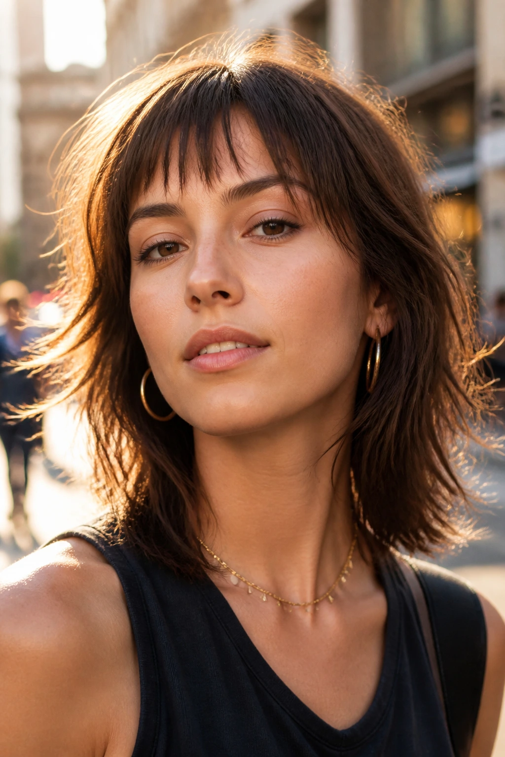 Real woman with choppy shag fringe outdoors on a city street during golden hour