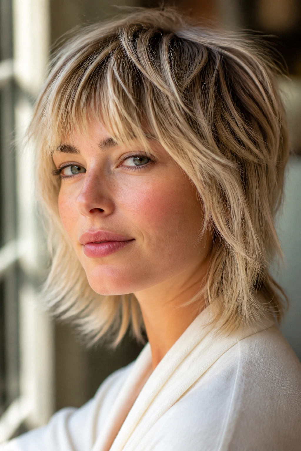 Close-up of a woman with a choppy shag fringe, textured layers