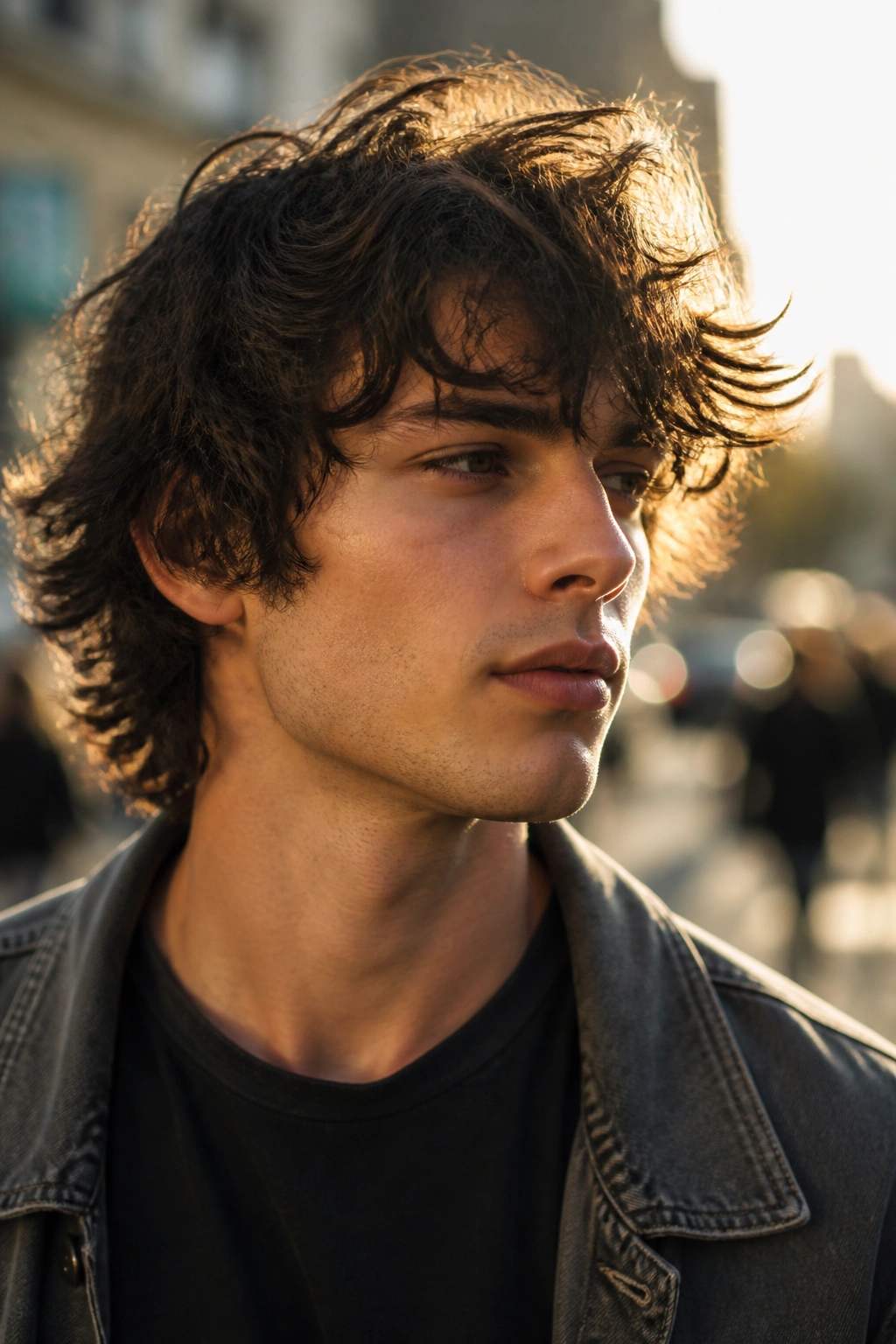 Close-up portrait of a man with choppy shag layers.