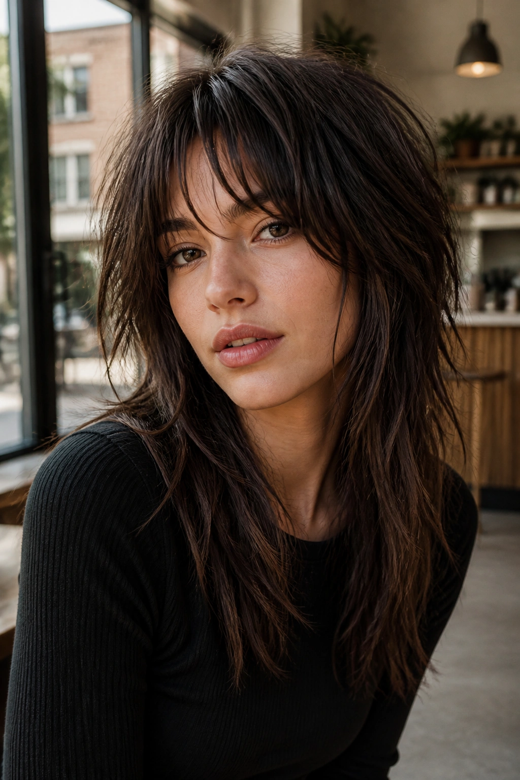 Close-up portrait of a real woman with choppy shag and piecey fringe in natural light