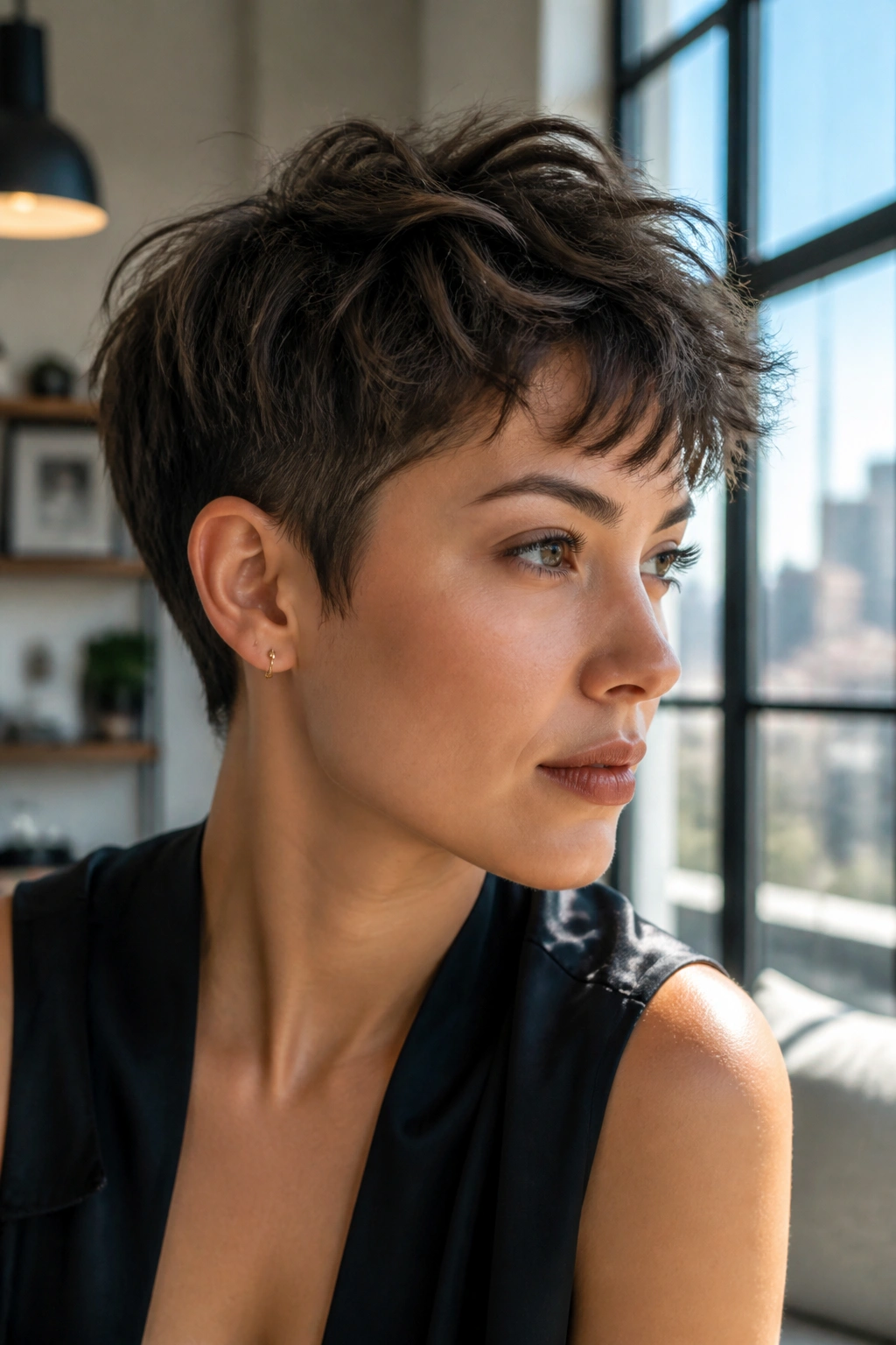 Close-up of a real person wearing a choppy shag pixie with short sides in a bright apartment.