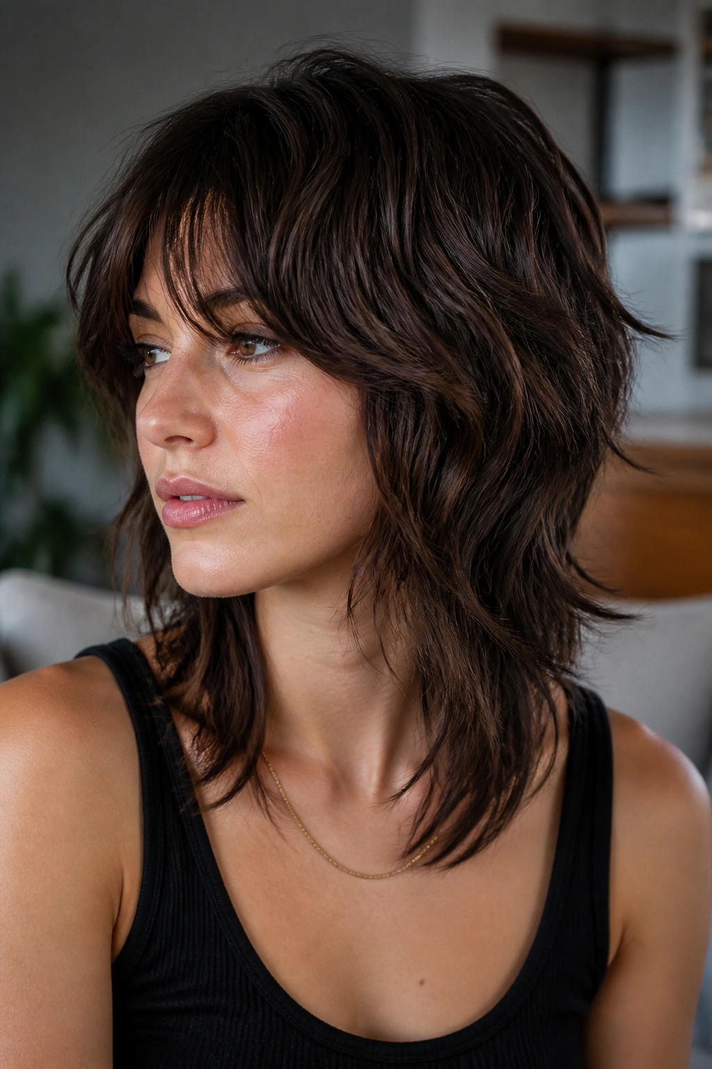 Close-up of a real person with a choppy shag and polished ends.