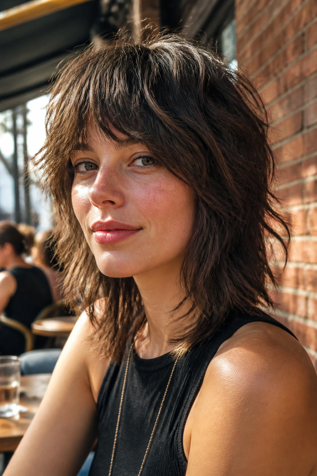 Close-up of a real woman with a choppy shag hairstyle