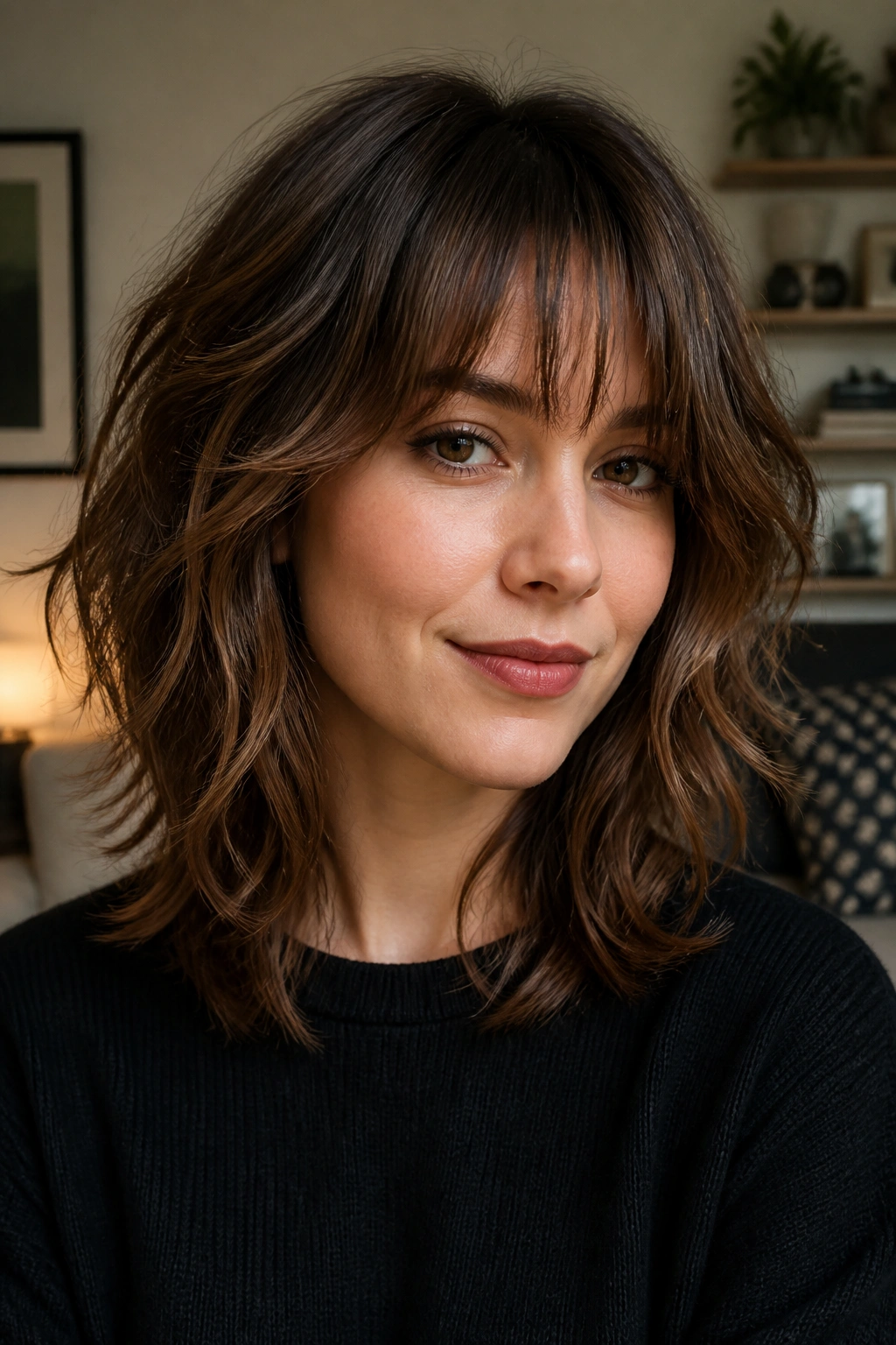 Real woman with choppy mid-length shag and tapered bangs in a cozy living room
