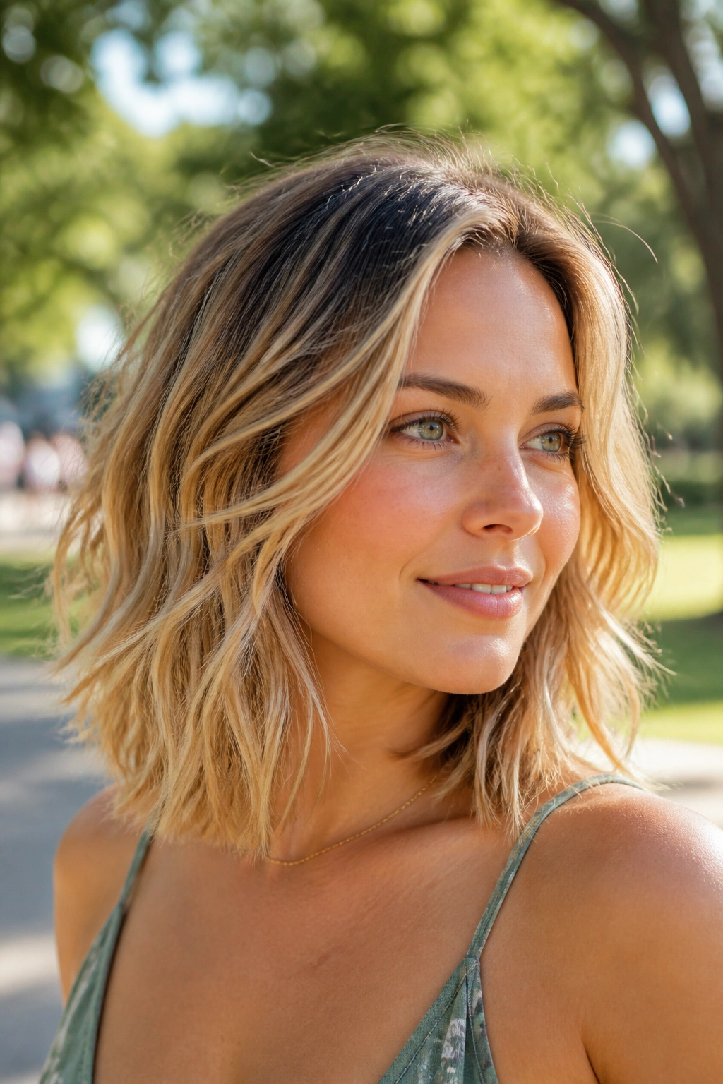Close-up of a real person with a choppy shoulder cut in natural outdoor light.