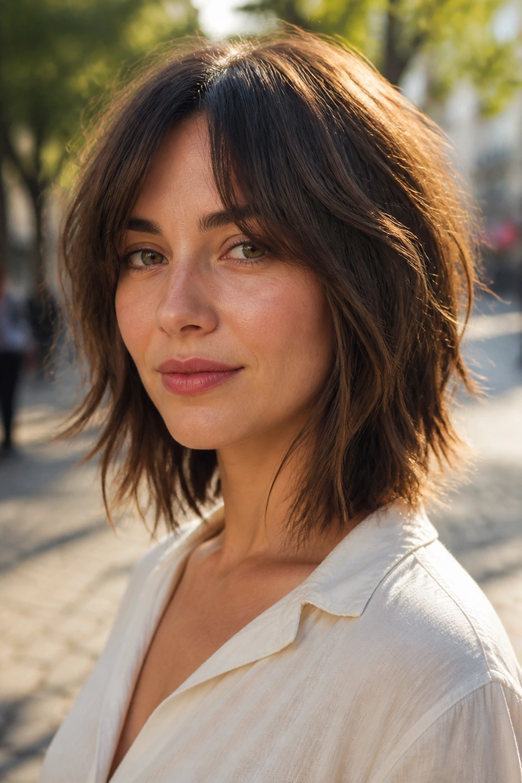 Close-up portrait of a real woman with a choppy shoulder cut and piecey ends