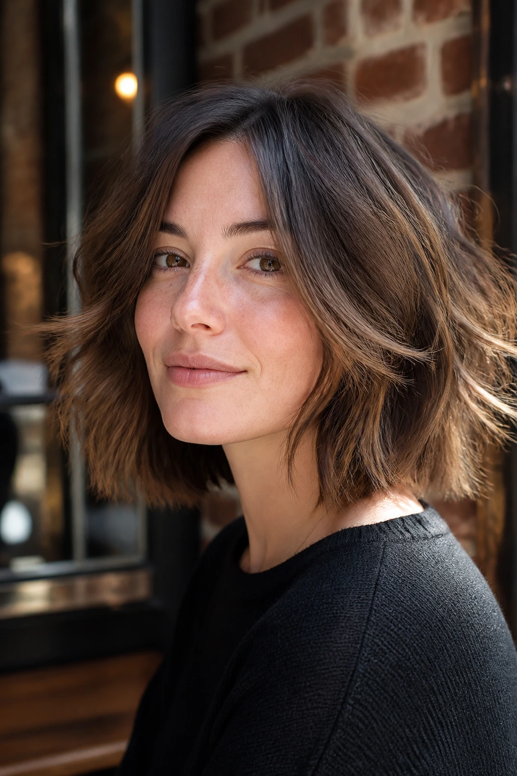 Close-up of a woman with choppy shoulder-length cut and airy ends in an urban cafe.