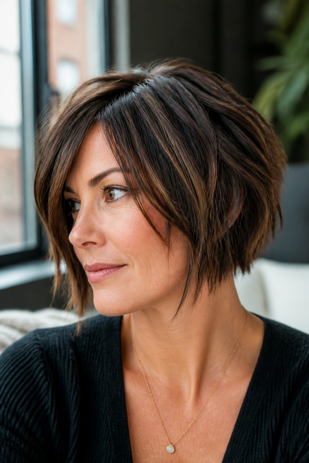 Close-up of real woman with choppy stacked bob and razor ends