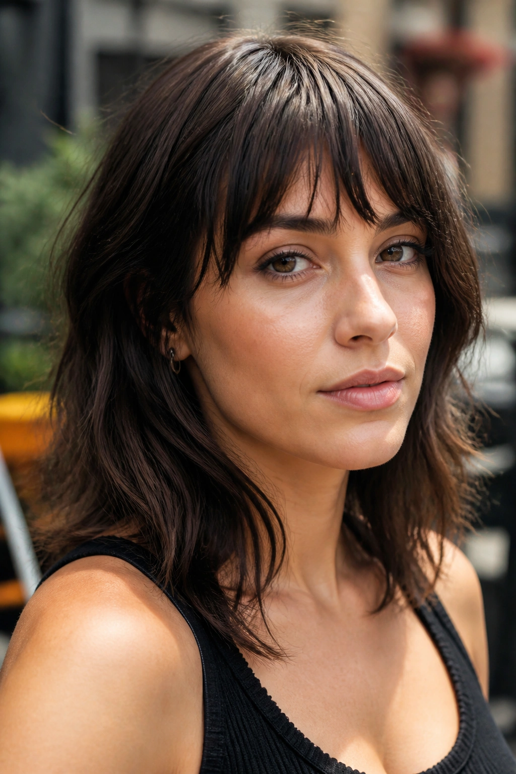 Brunette woman with choppy textured bangs at eyebrow level in daylight