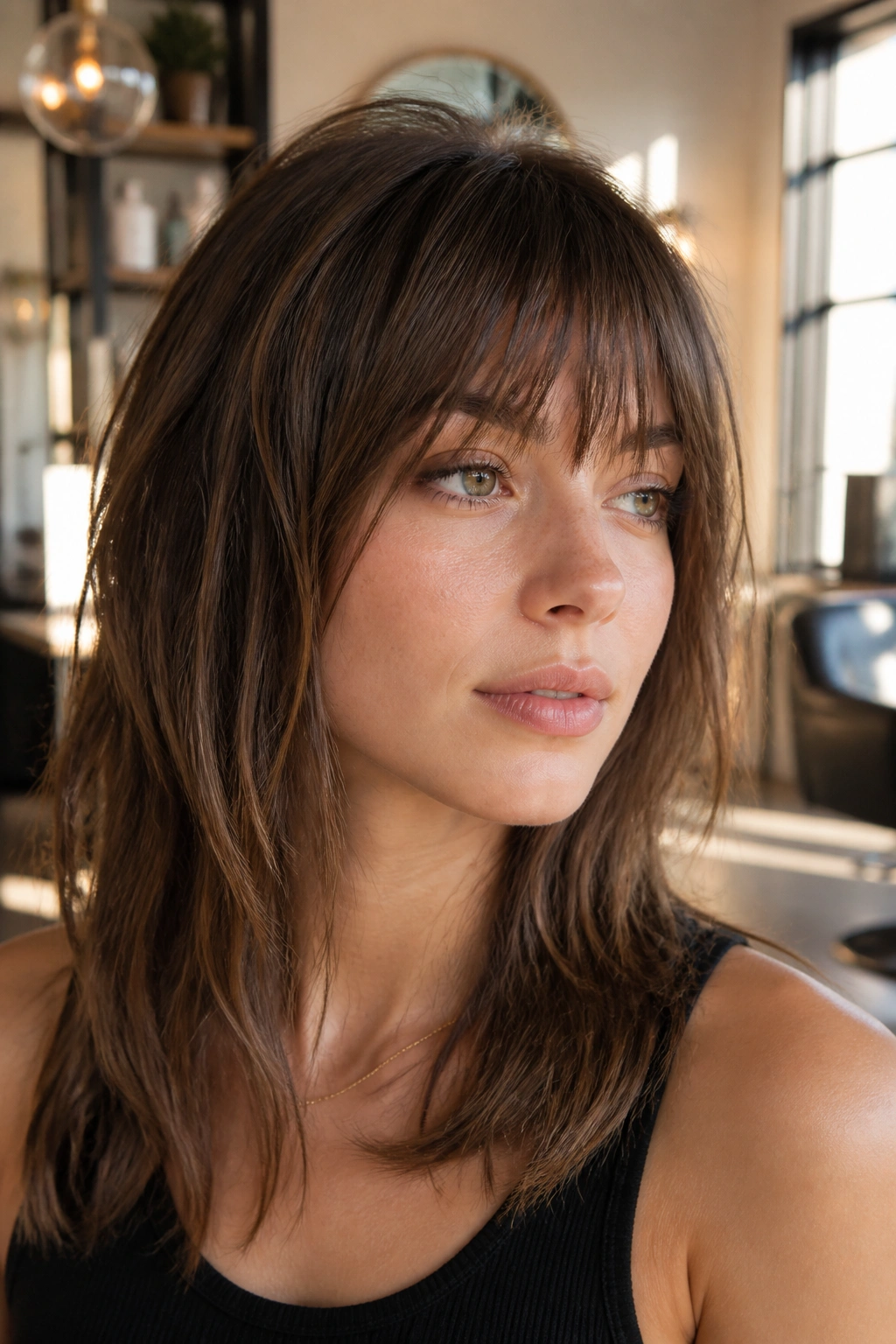 Close-up of a real woman with choppy textured bangs in a sunlit salon