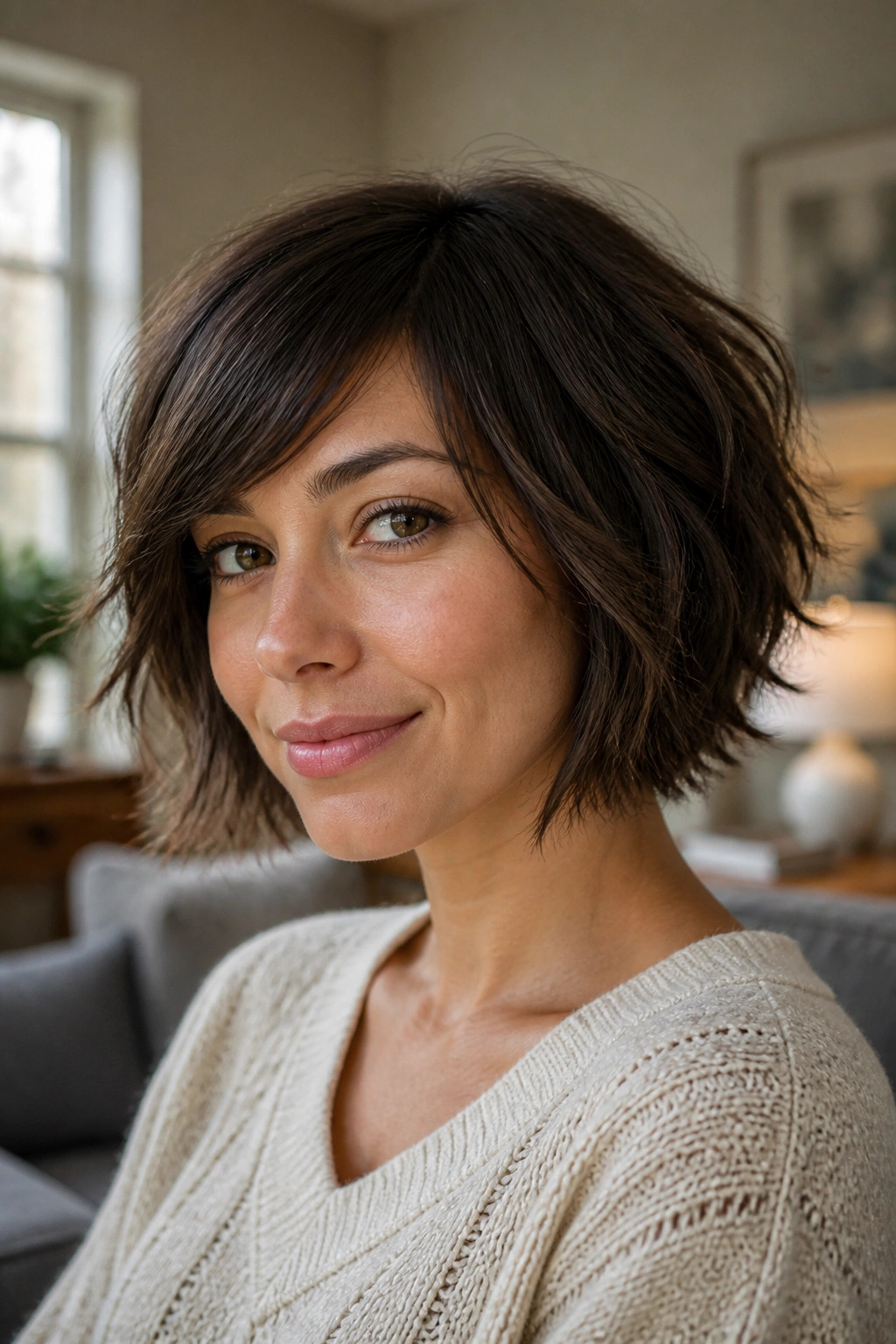 Close-up of a real woman with a choppy textured bob, showing uneven, textured ends.