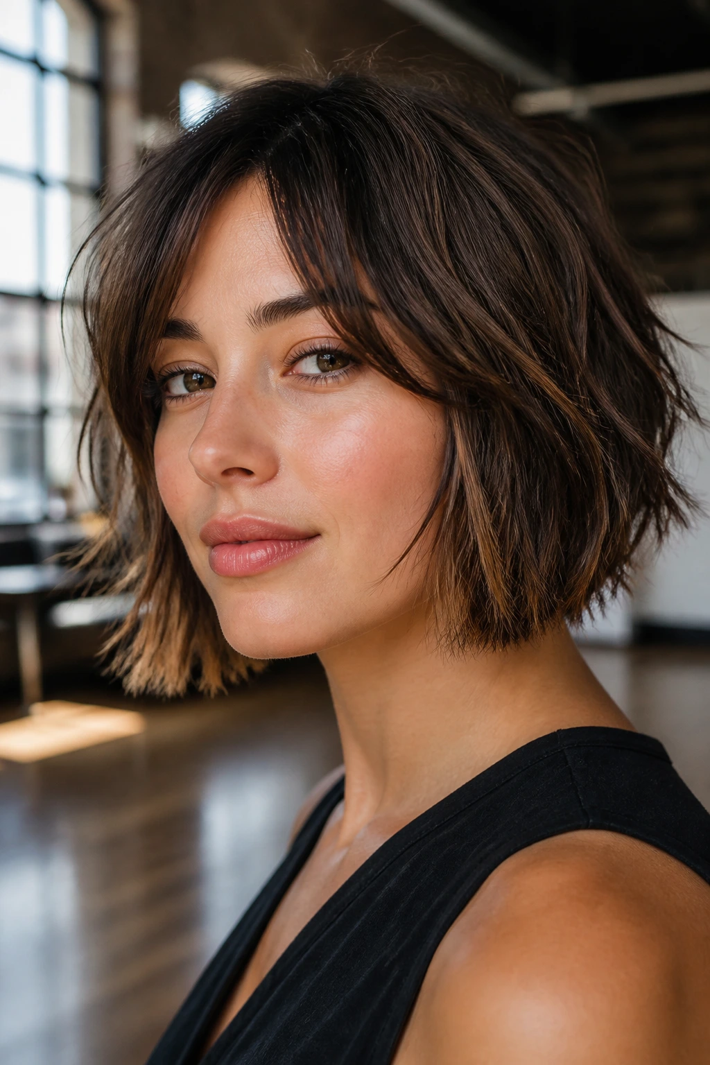 Portrait of a woman with choppy textured ends bob in natural light.
