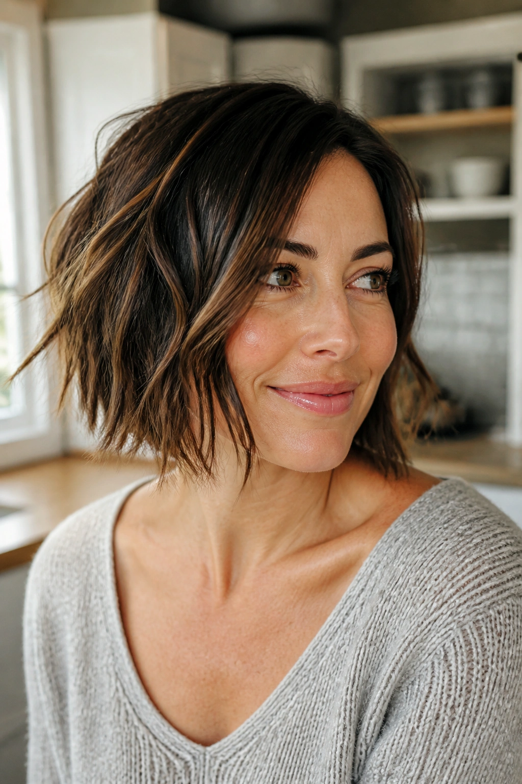 Close-up of real woman with choppy textured inverted bob and movement near ends