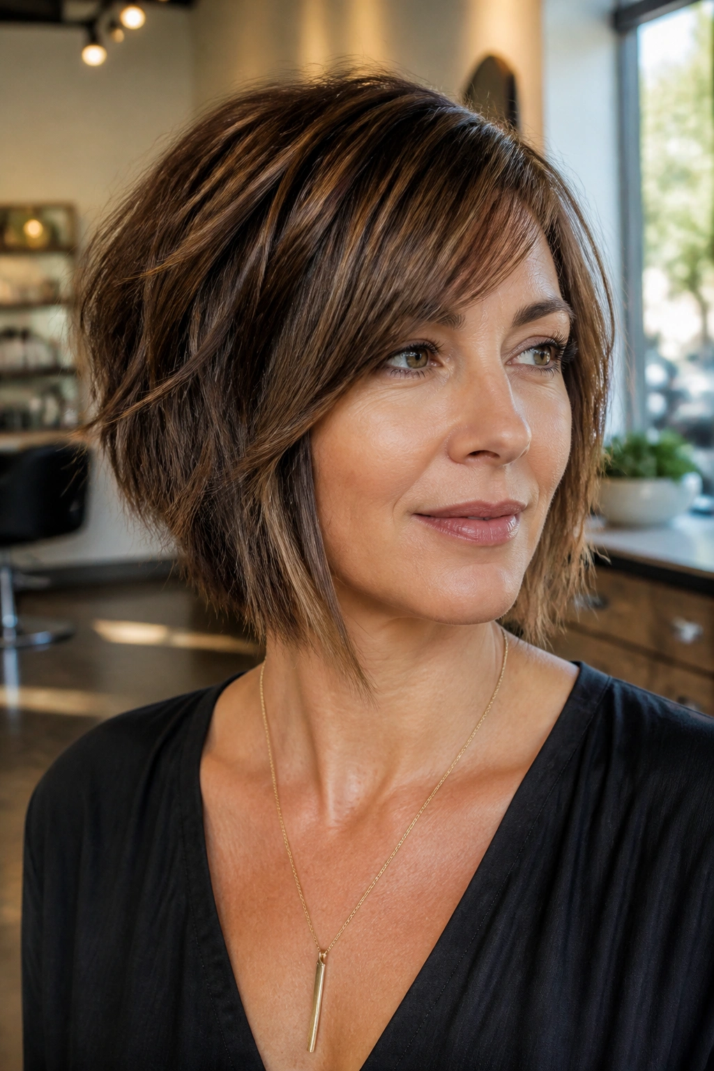 Close-up of a real woman with a choppy textured inverted bob showing piecey layers