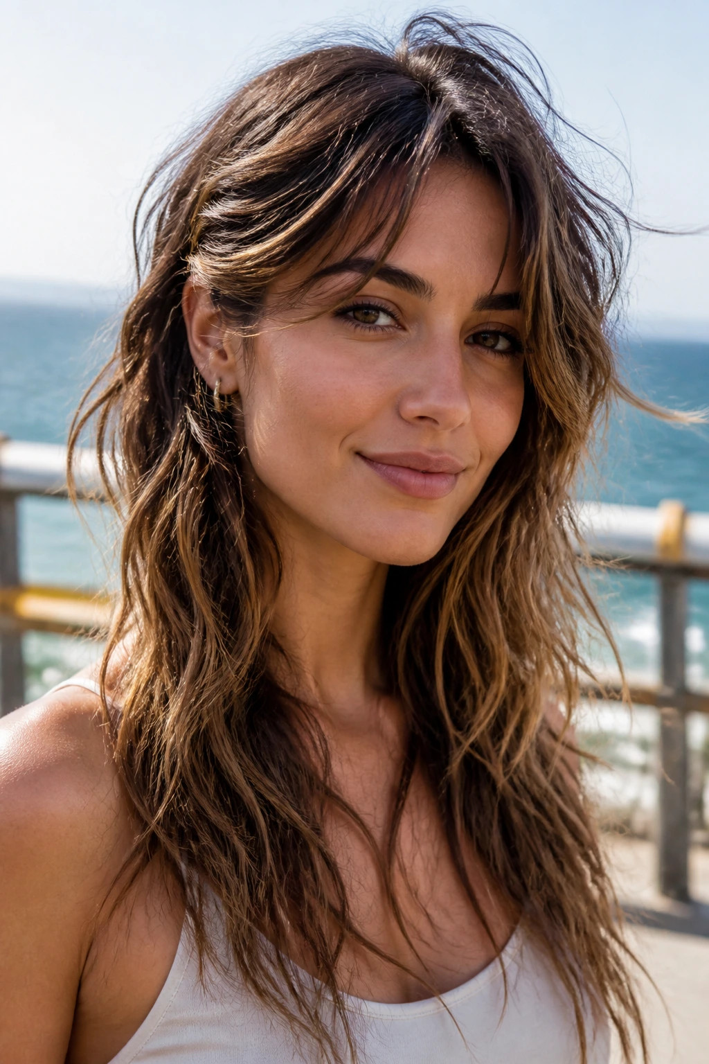 Close-up of woman with choppy textured layers in wavy hair outdoors